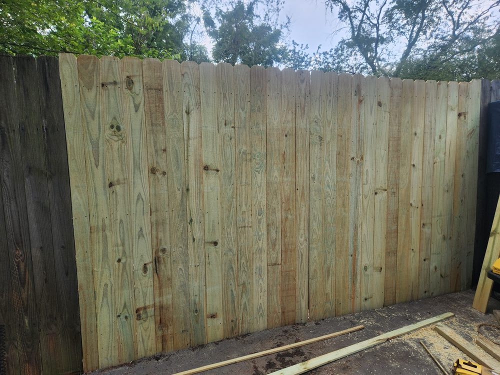 Wooden privacy fence section in a backyard